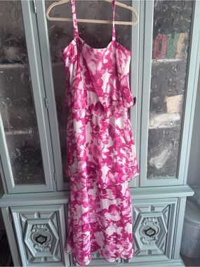 R&M Richards White Maxi Dress with Hot Pink Floral Print
